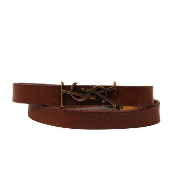 Saint Laurent Opyum YSL Logo Wrap Bracelet Medium Brown Leather Brass Hardware - Picture 1 of 11